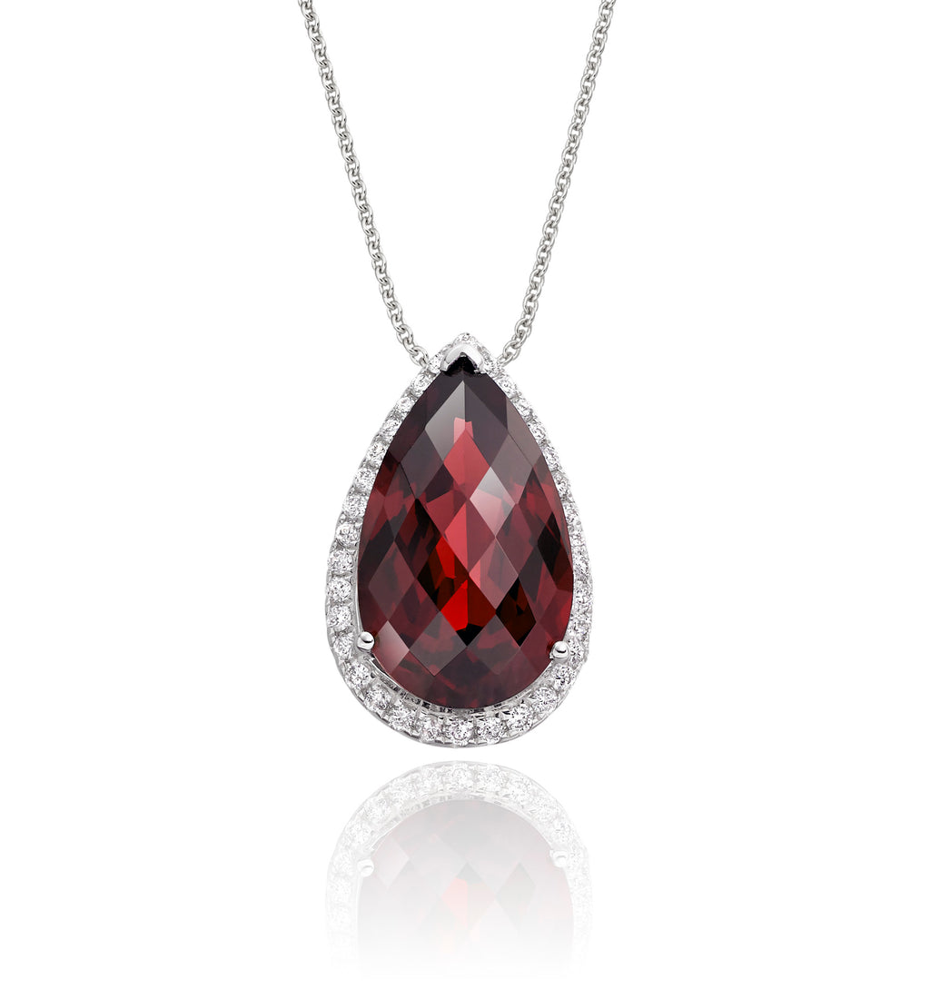 8mm x 13mm Garnet with 0.17ct Diamond pendant in 9K white gold 