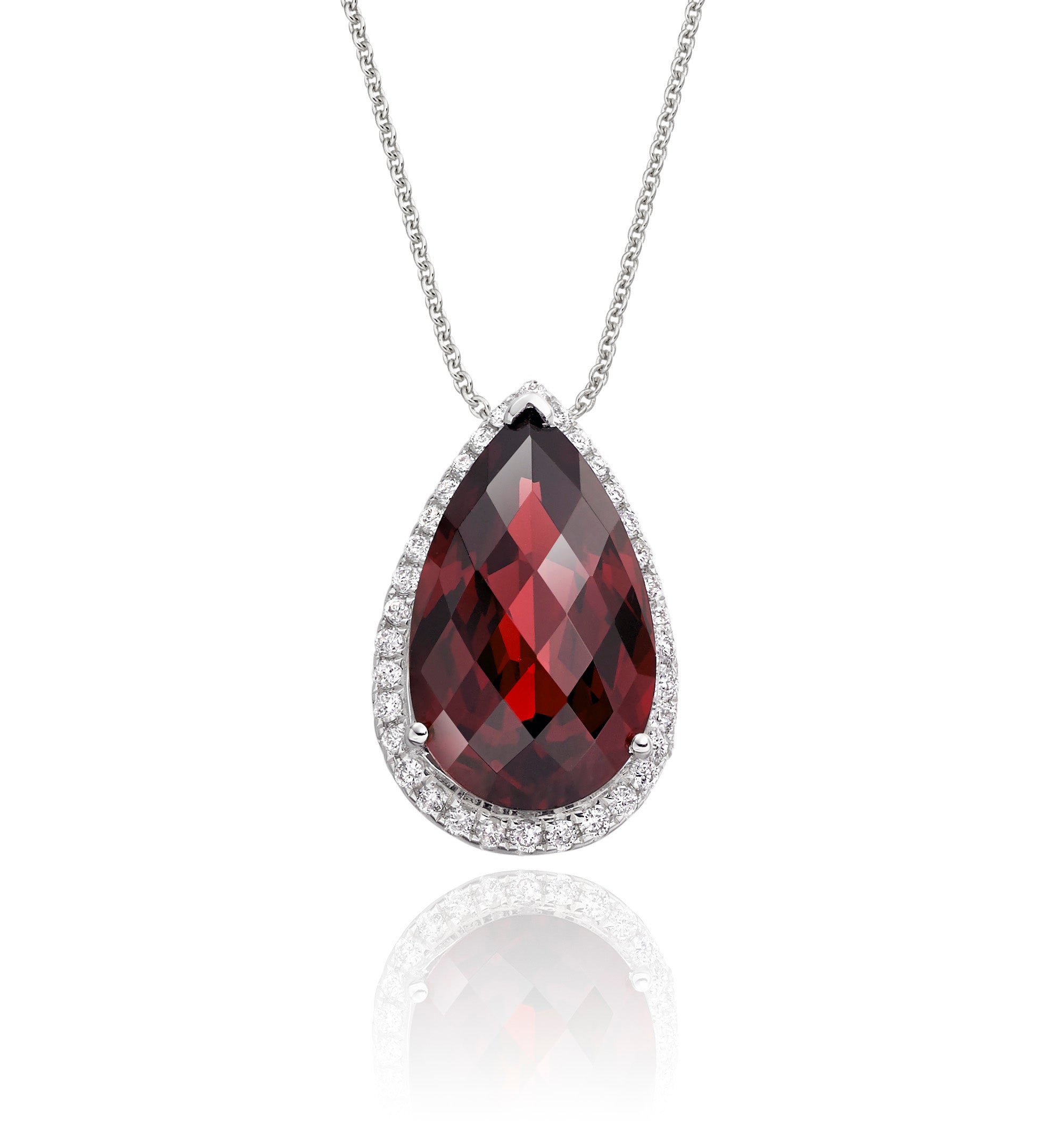 8mm x 13mm Garnet with 0.17ct Diamond pendant in 9K white gold 
