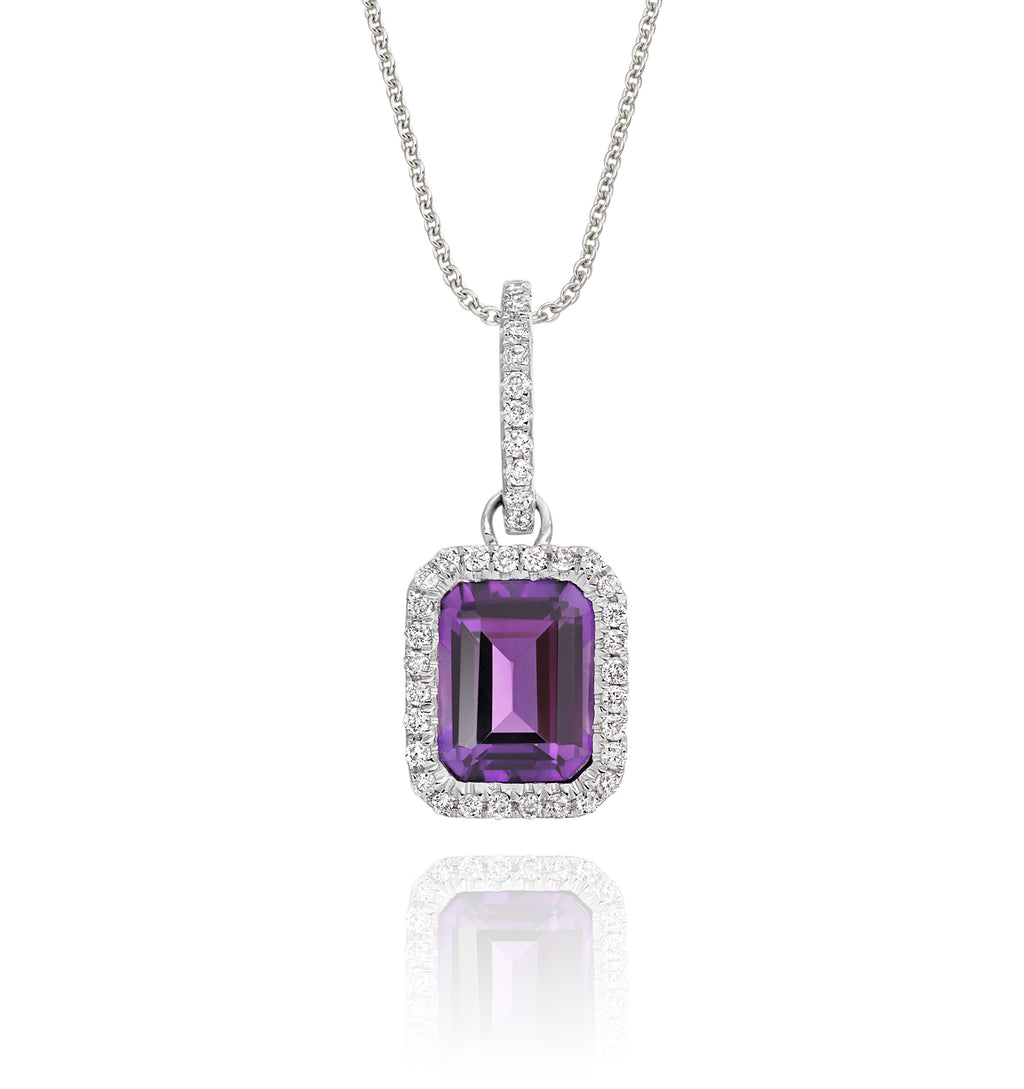 5mm x 8mm amethyst with 0.15ct Diamond pendant in 9K white gold
