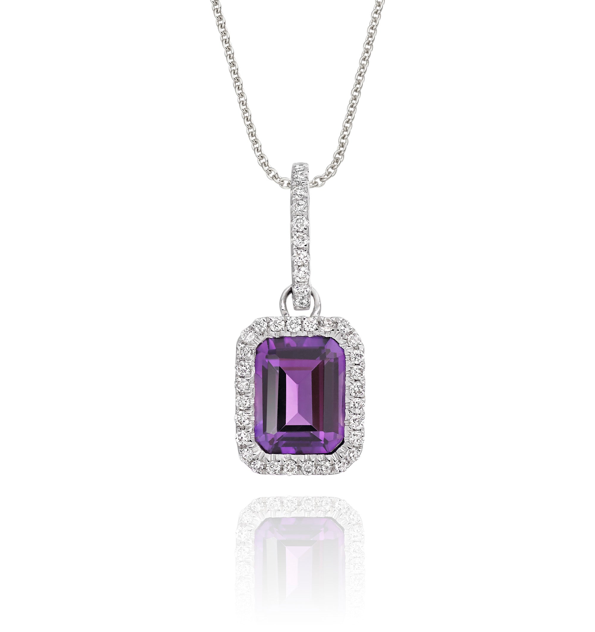 5mm x 8mm amethyst with 0.15ct Diamond pendant in 9K white gold
