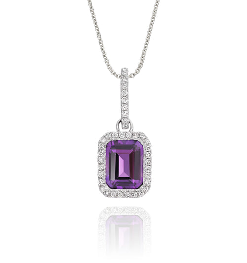 5mm x 8mm amethyst with 0.15ct Diamond pendant in 9K white gold