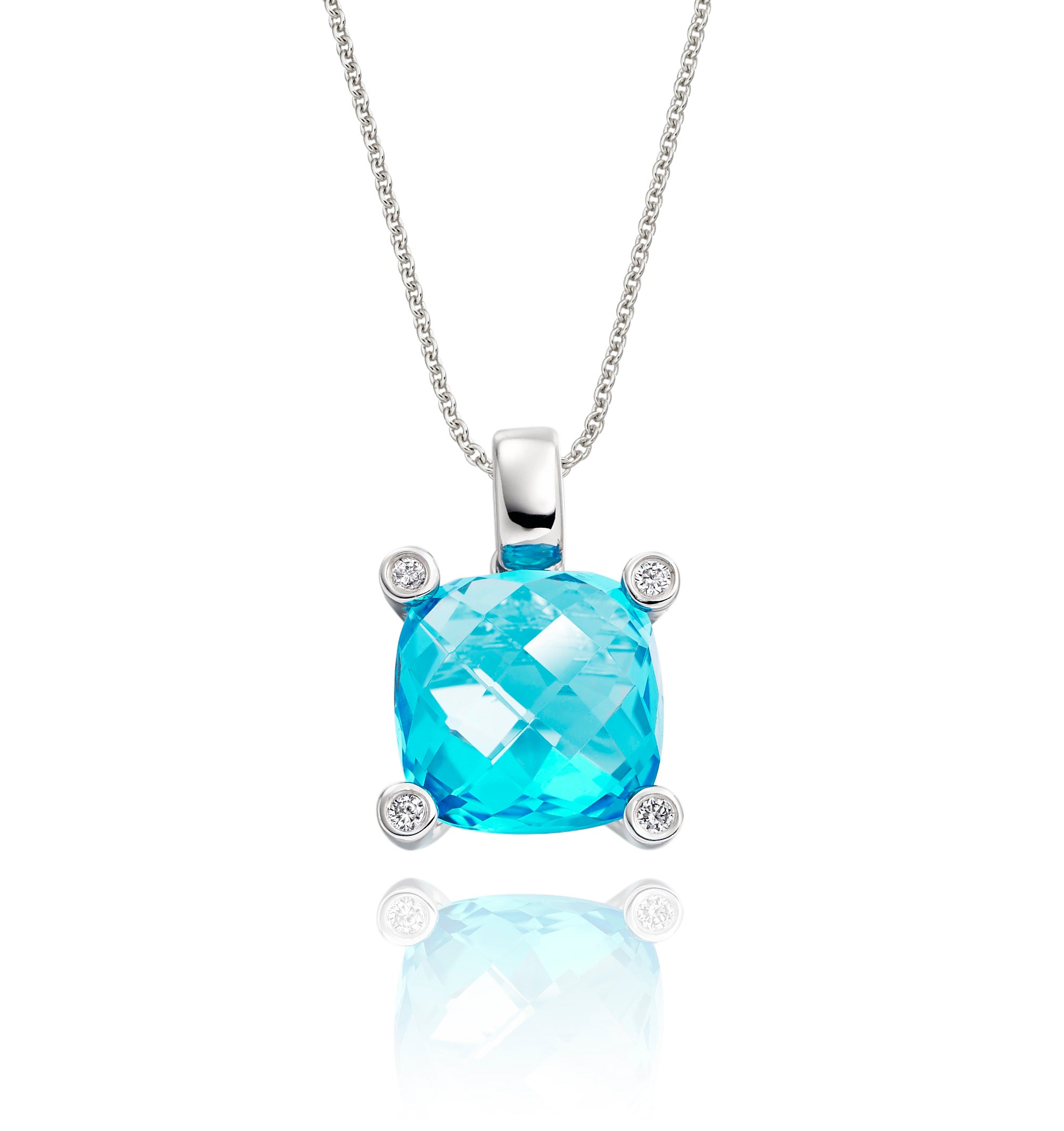 9mm x 9mm Cushion Blue Topaz with 0.03ct Diamond pendant in 9K white gold
