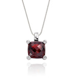 9mm x 9mm Cushion Garnet with 0.03ct Diamond pendant in 9K white gold