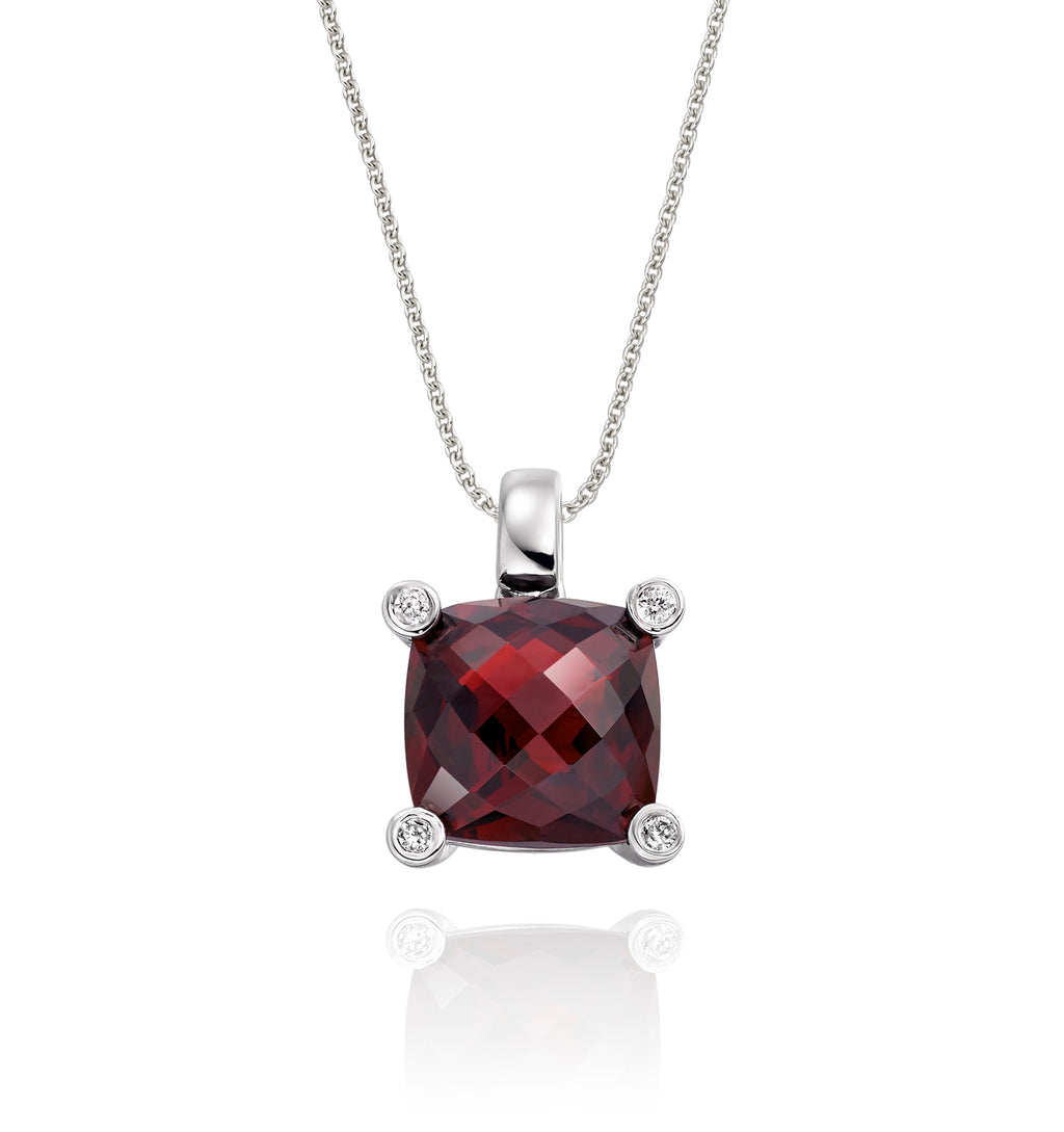 9mm x 9mm Cushion Garnet with 0.03ct Diamond pendant in 18K white gold