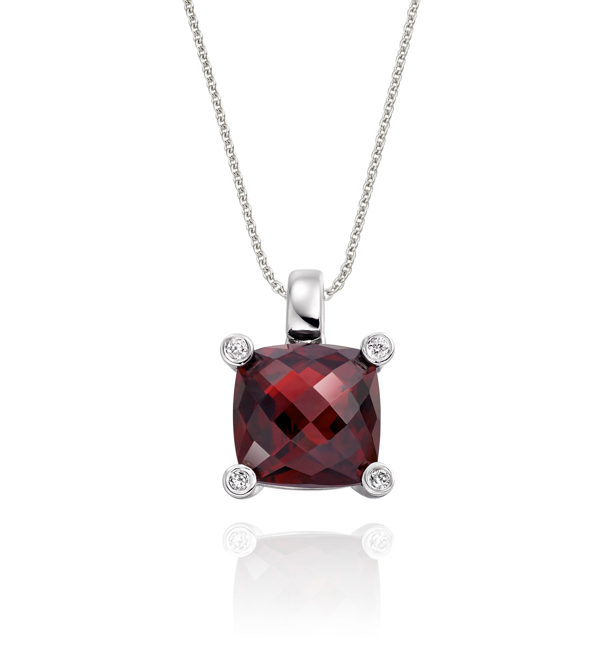9mm x 9mm Cushion Garnet with 0.03ct Diamond pendant in 18K white gold