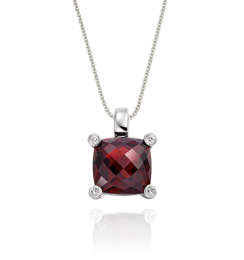 9mm x 9mm Cushion Garnet with 0.03ct Diamond pendant in 18K white gold