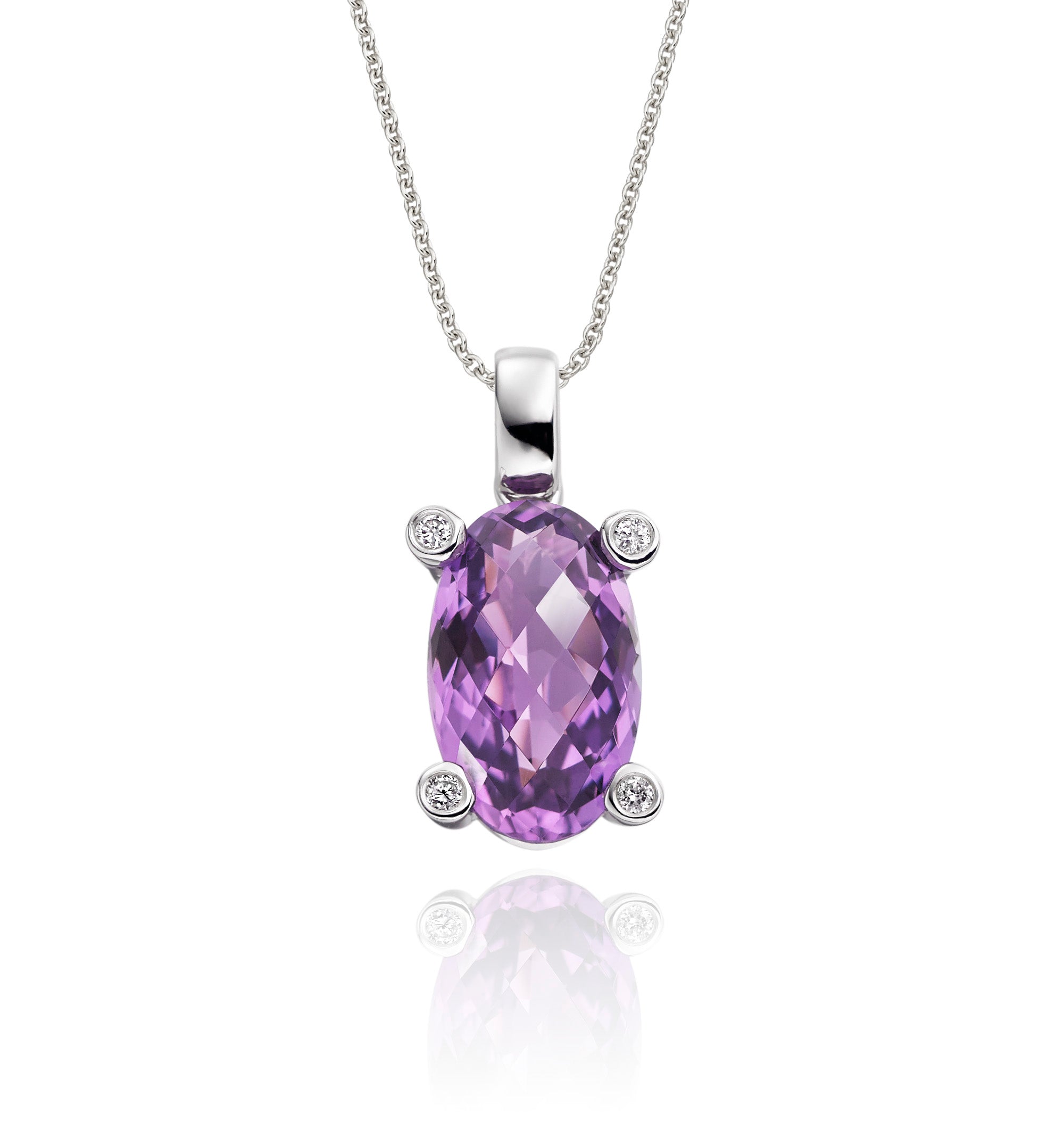 7mm x 12mm Amethyst with 0.03ct Diamond pendant in 9K white gold