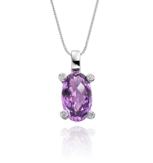 7mm x 12mm Amethyst with 0.03ct Diamond pendant in 9K white gold