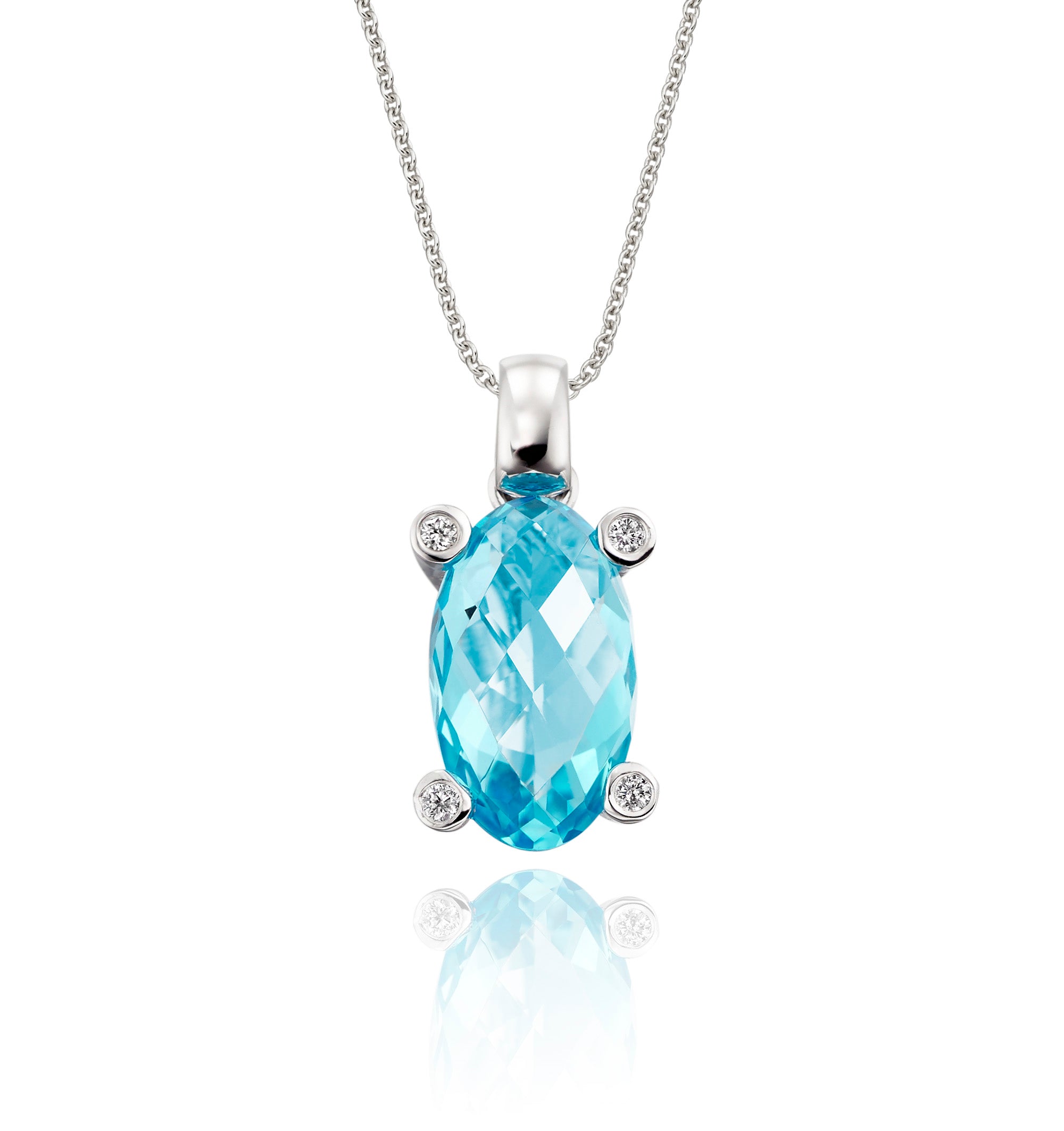 7mm x 12mm Blue Topaz with 0.03ct Diamond pendant in 9K white gold