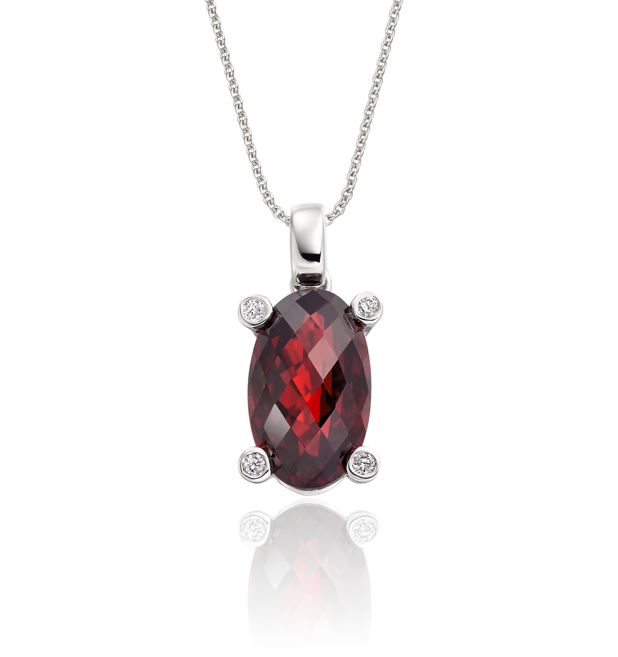7mm x 12mm Garnet with 0.03ct Diamond pendant in 9K white gold