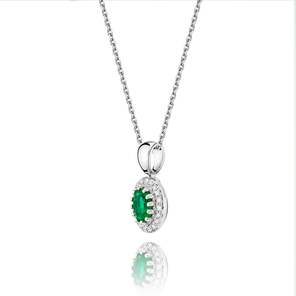 3mm x 5mm Emerald and 0.05ct Diamond pendant in 9K white gold