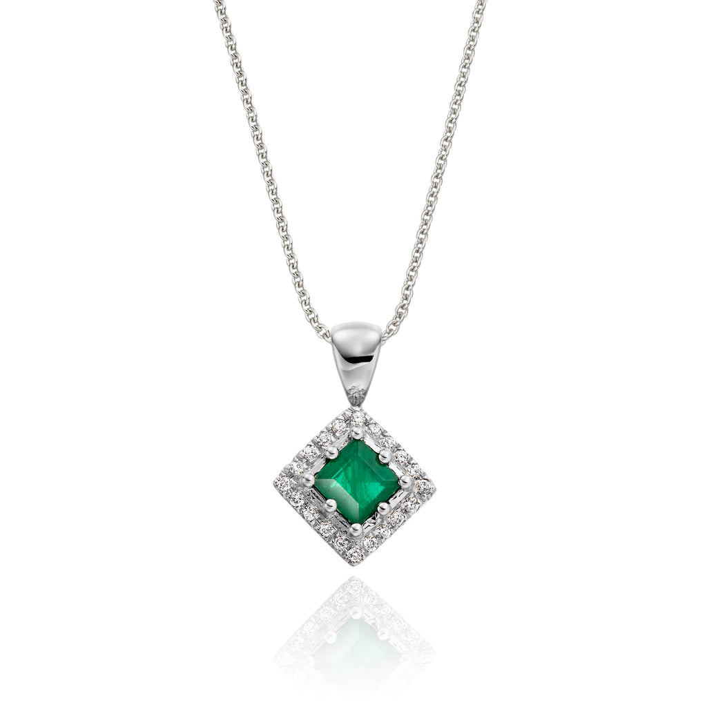 3mm x 3mm Emerald and 0.06ct Diamond pendant in 9K white gold 