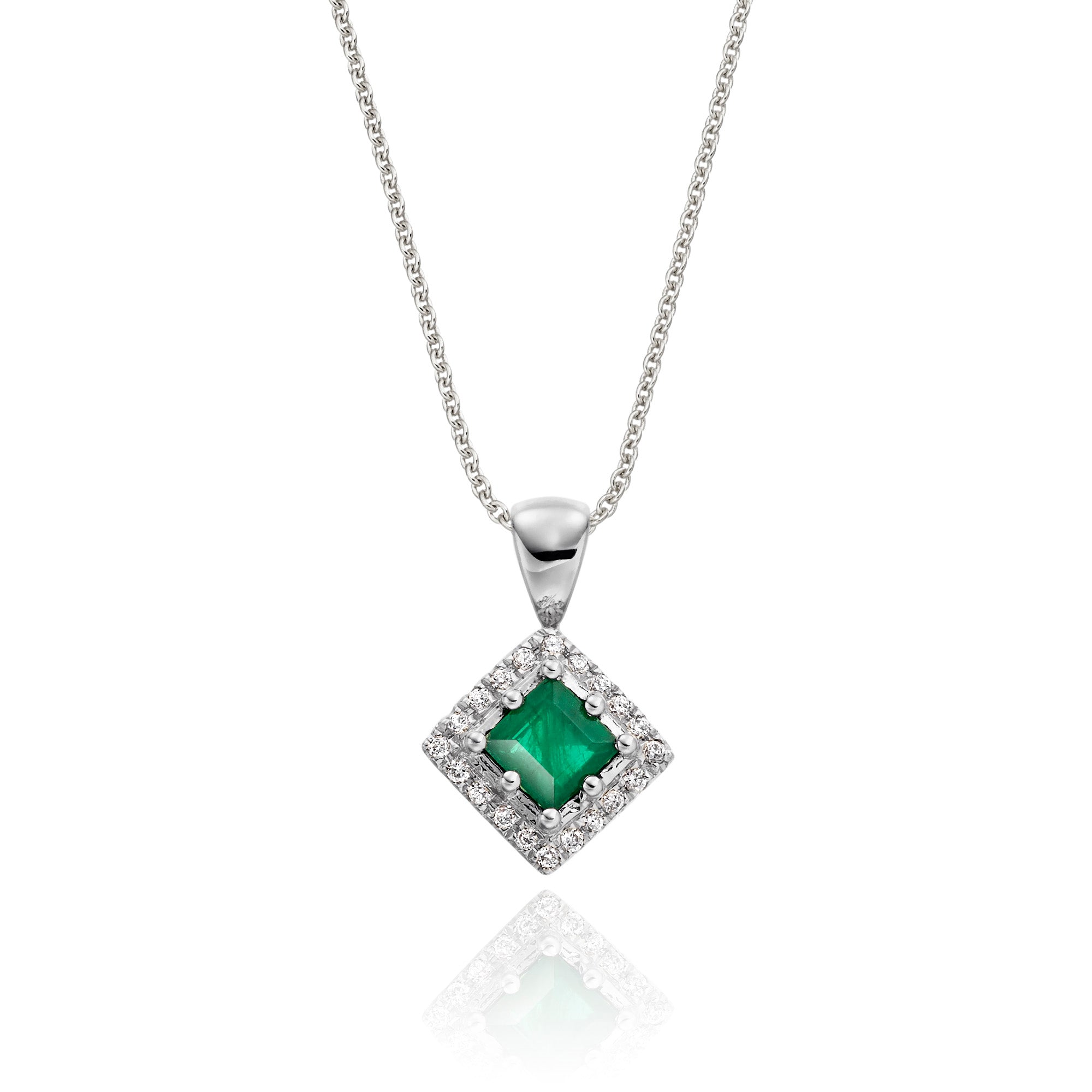 3mm x 3mm Emerald and 0.06ct Diamond pendant in 18K white gold