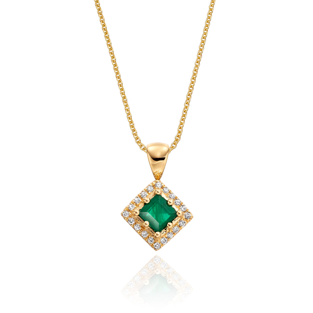 3mm x 3mm Emerald and 0.06ct Diamond pendant in 18K yellow gold