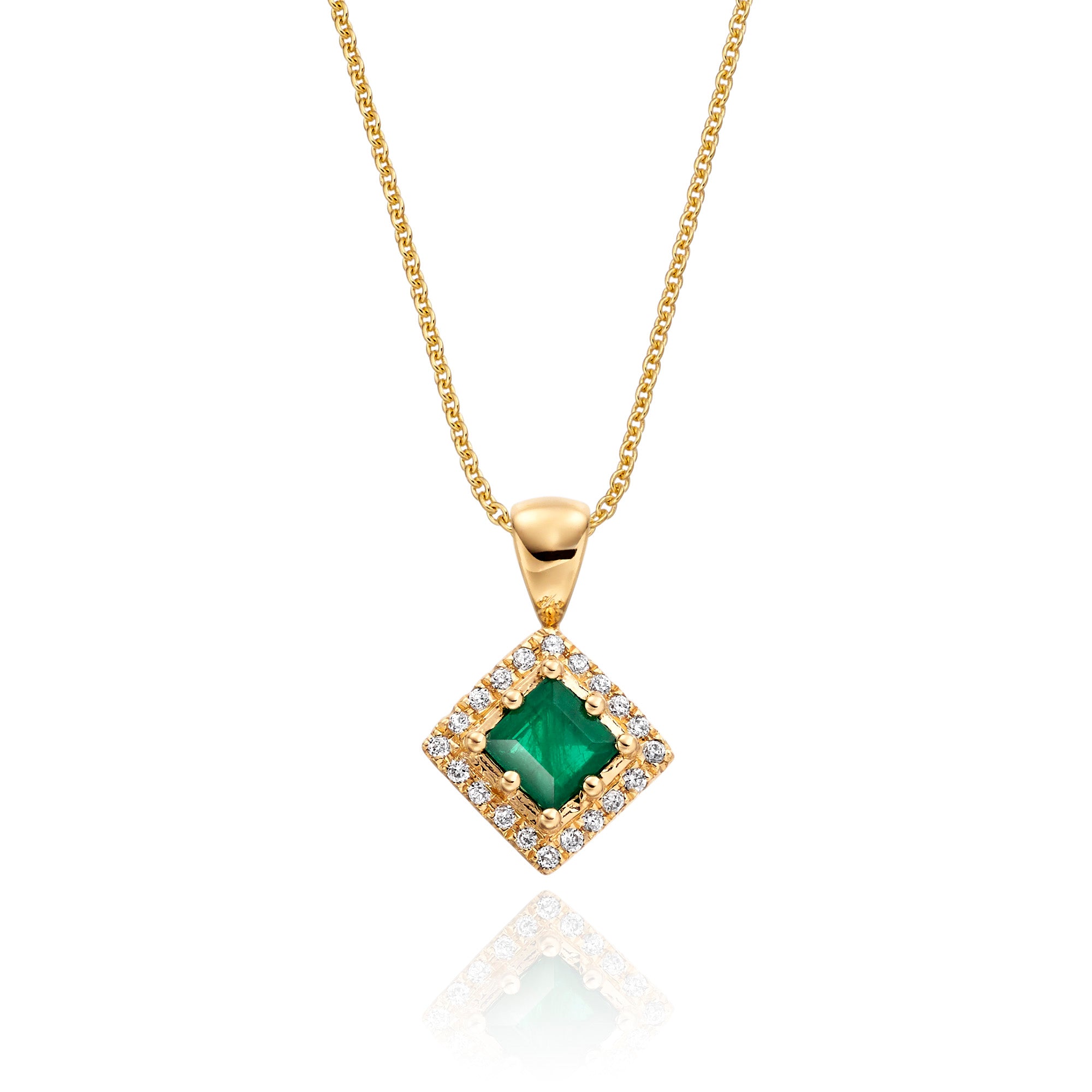 3mm x 3mm Emerald and 0.06ct Diamond pendant in 18K yellow gold