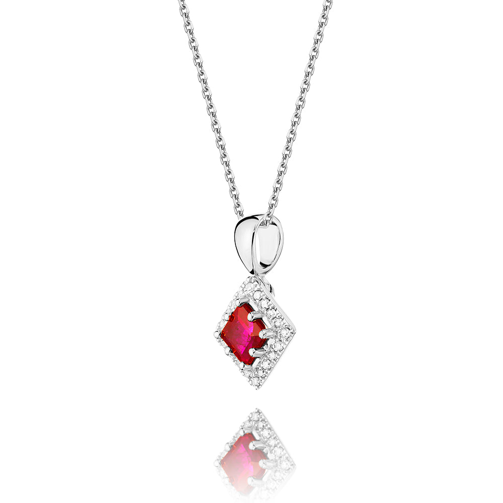 0.40ct Ruby Pendant Necklace 0.06ct Diamond 9K White Gold