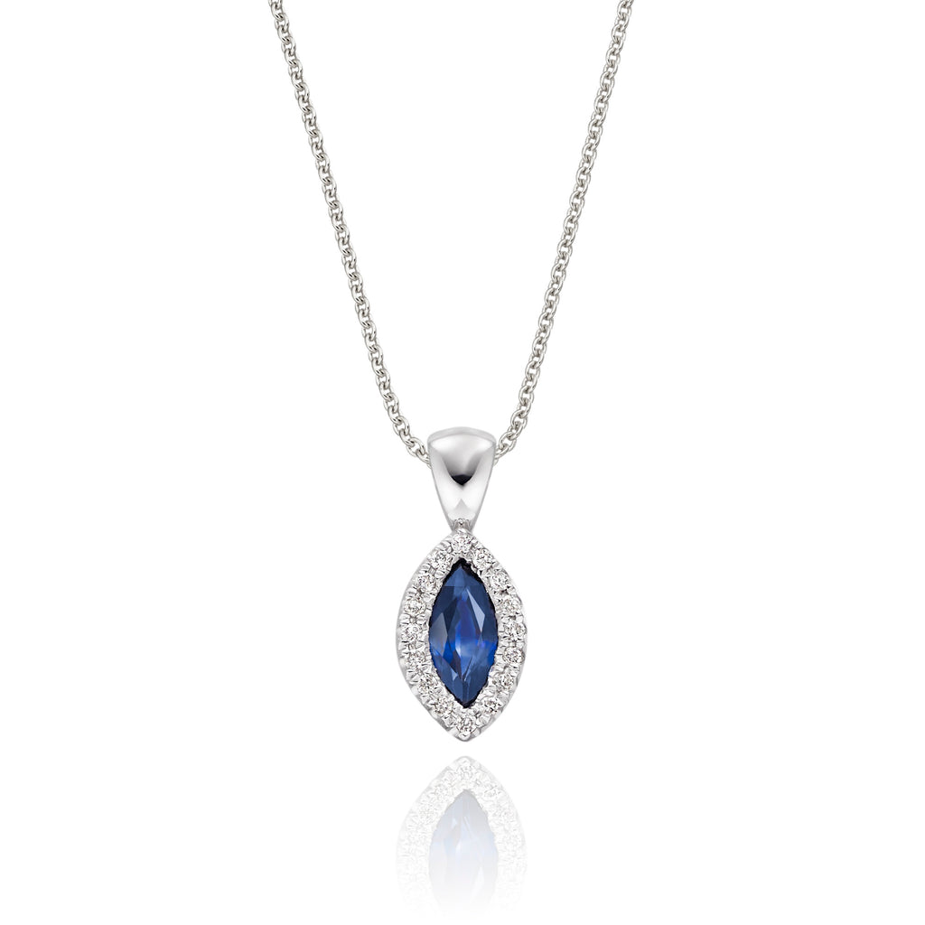 0.35ct Blue Sapphire Pendant Necklace 0.05ct Diamond 9K White Gold