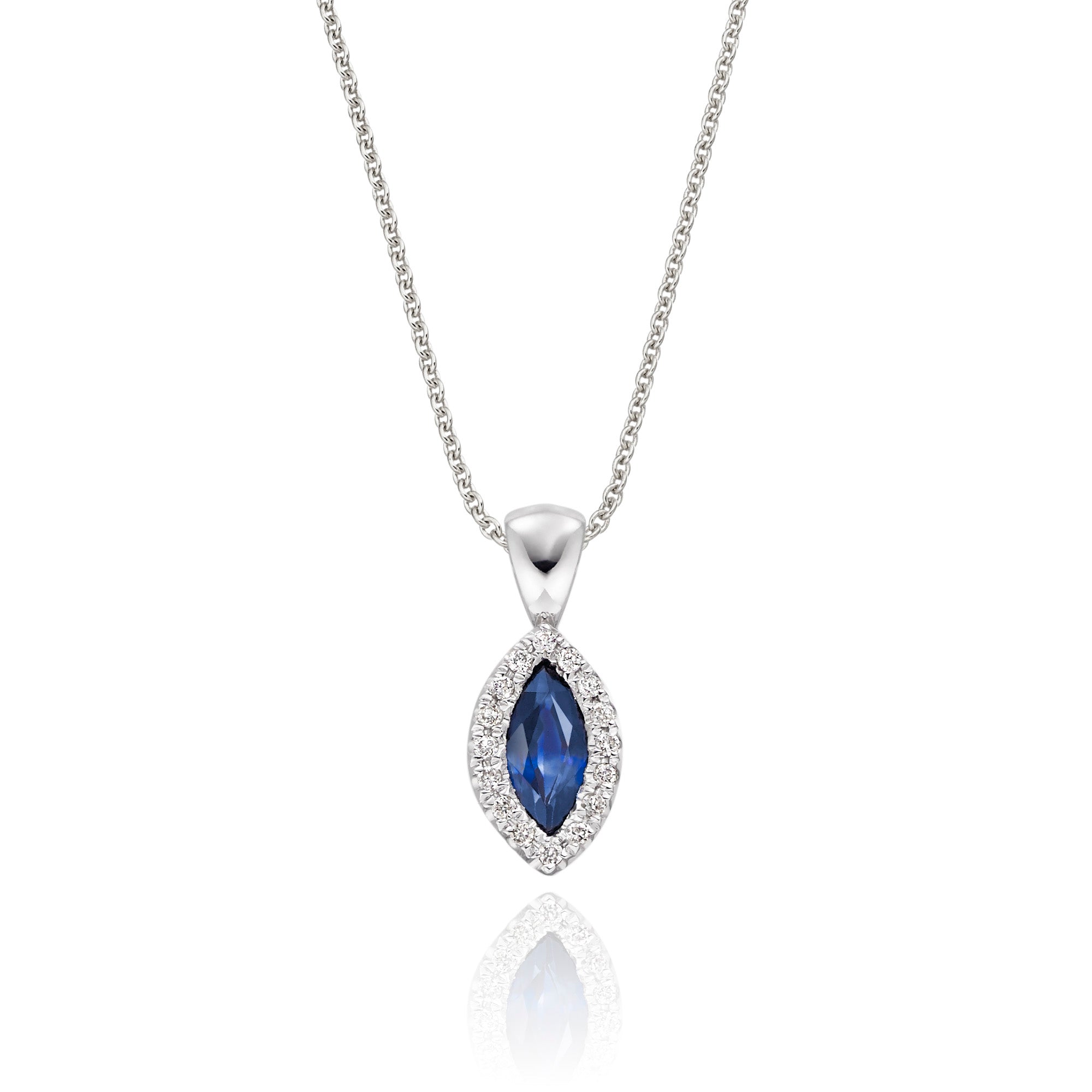 0.35ct Blue Sapphire Pendant Necklace 0.05ct Diamond 9K White Gold