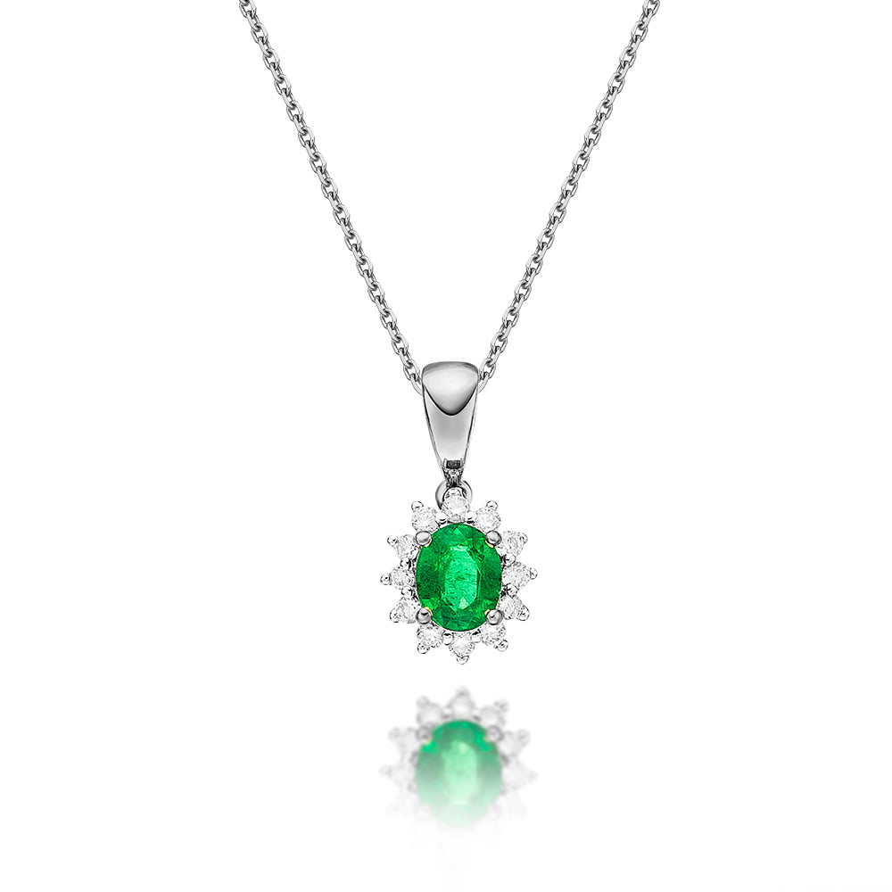 Emerald Pendant Necklace with 0.12ct Diamonds 9K White Gold