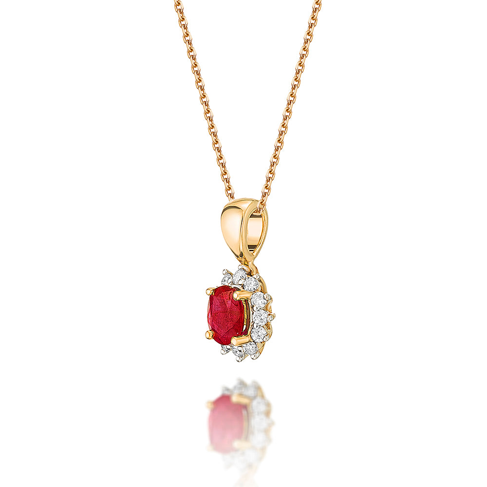 Ruby Pendant Necklace with 0.12ct Diamonds 9K Yellow Gold