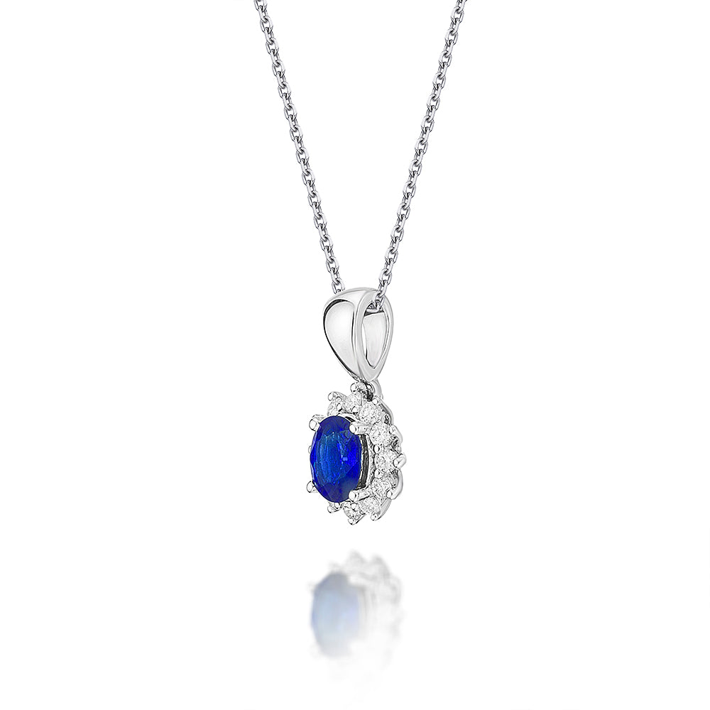 Sapphire Pendant Necklace with 0.12ct Diamonds 9K White Gold