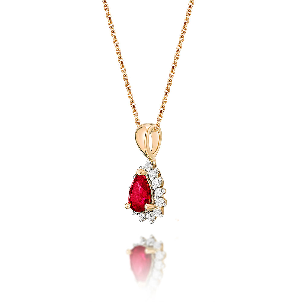Ruby Pendant Necklace with 0.13ct Diamonds 9K Yellow Gold