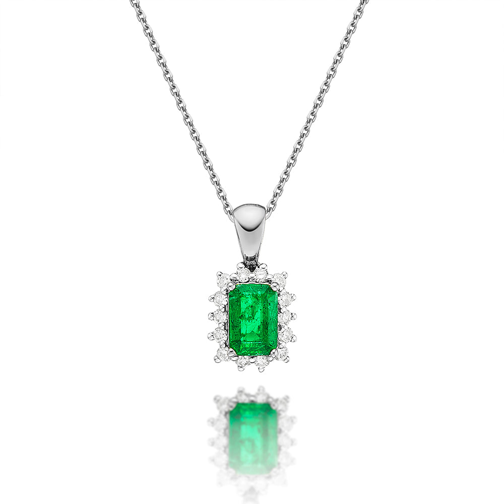 Emerald Pendant Necklace with 0.14ct Diamonds 9K White Gold