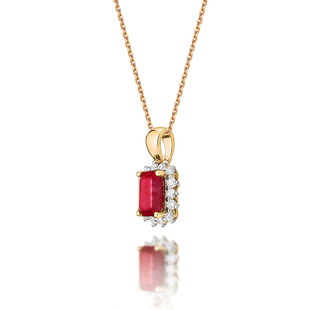 Ruby Pendant Necklace with 0.14ct Diamonds 9K Yellow Gold