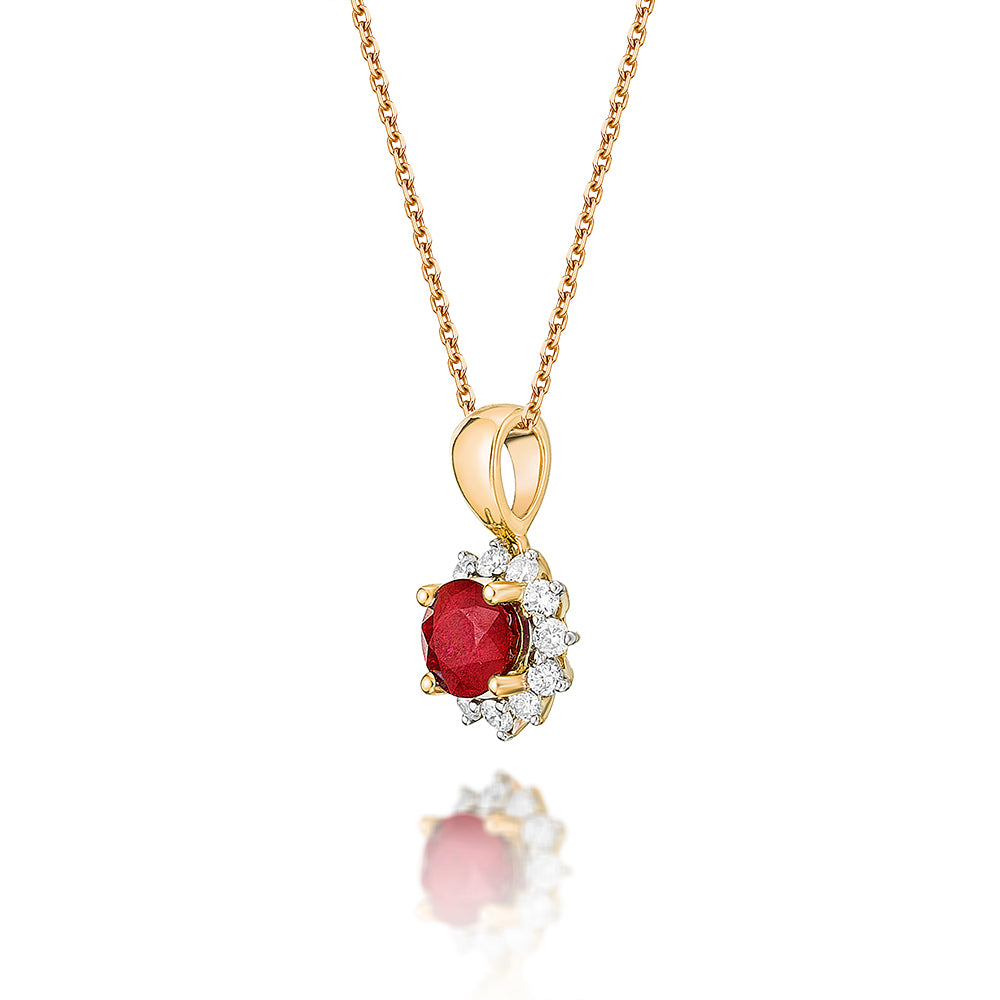 Ruby Pendant Necklace with 0.17ct Diamonds 9K Yellow Gold