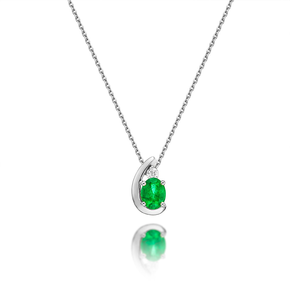 Emerald Pendant Necklace with 0.03ct Diamonds 9K White Gold