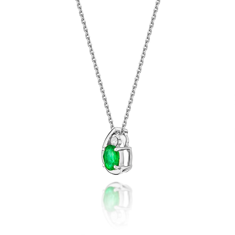 Emerald Pendant Necklace with 0.03ct Diamonds 9K White Gold