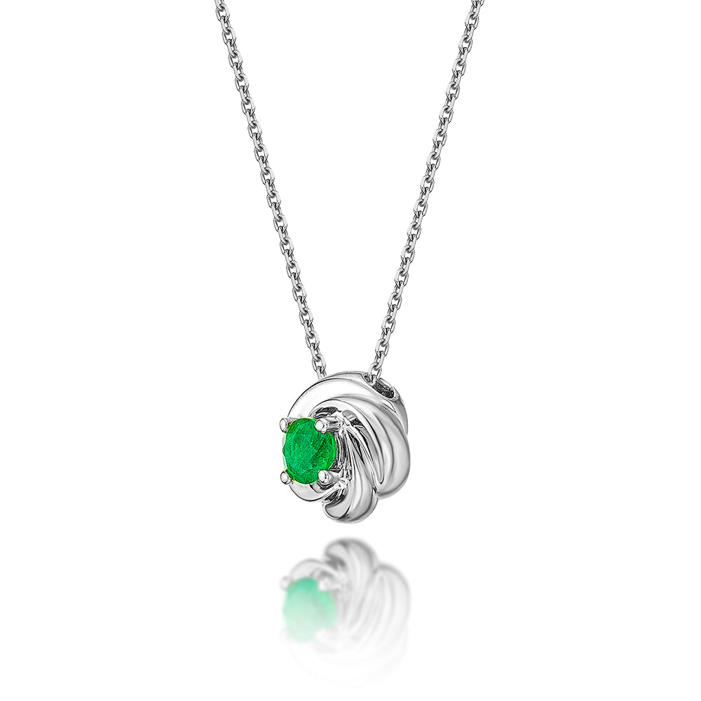 Emerald Pendant Necklace 4mm Round Emerald 9K White Gold