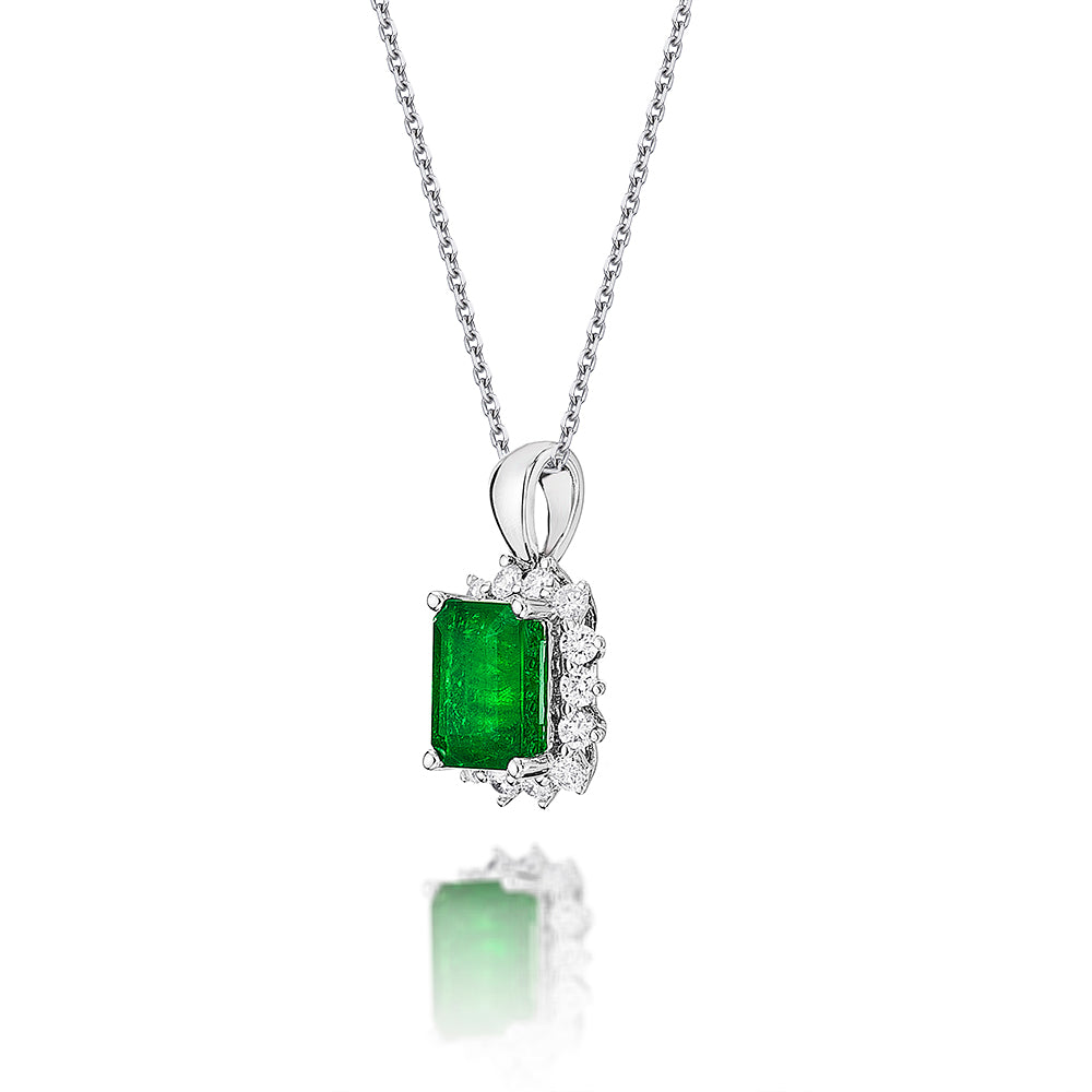 Emerald Pendant Necklace with 0.22ct Diamonds 18K White Gold