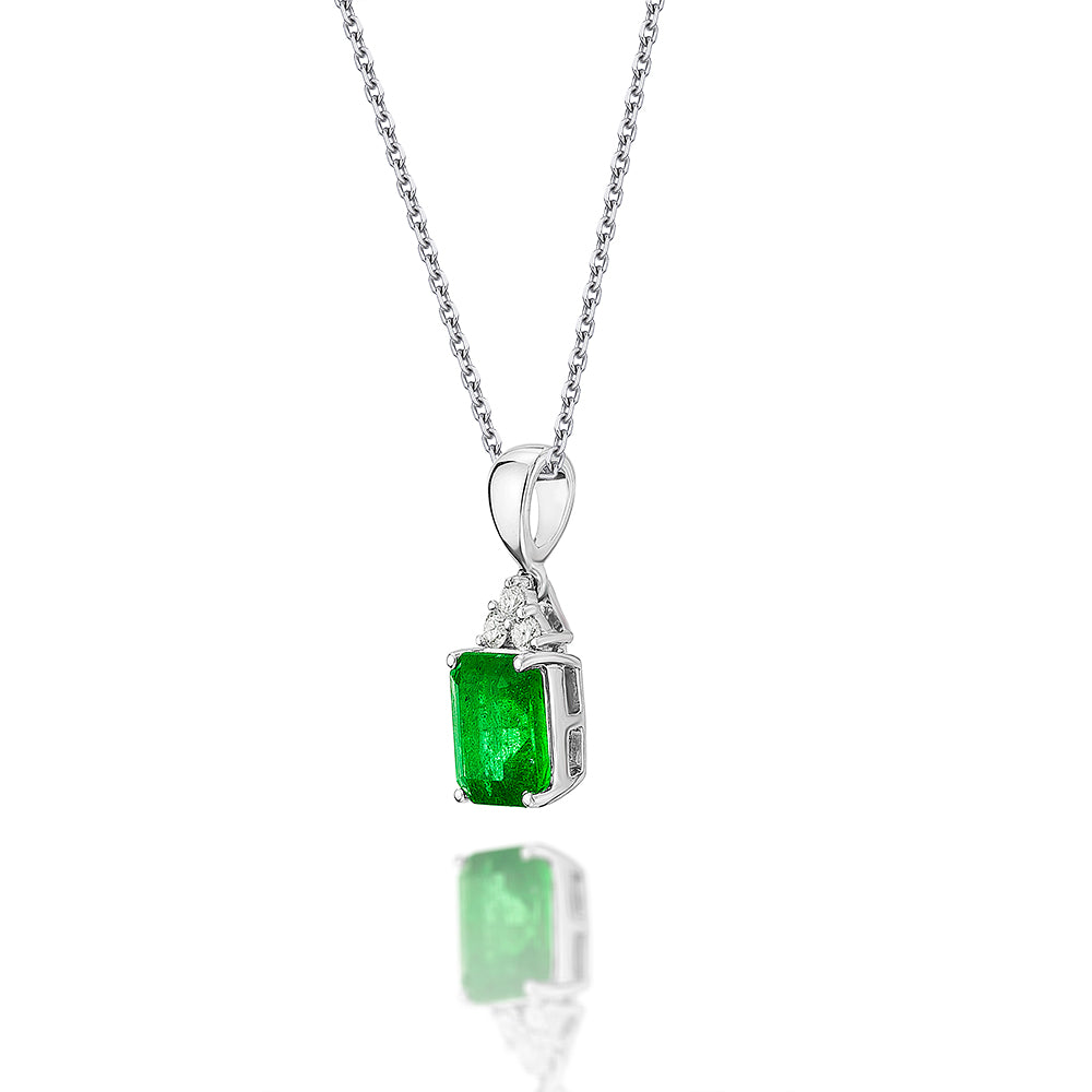 Emerald Pendant Necklace with 0.06ct Diamonds 18K White Gold