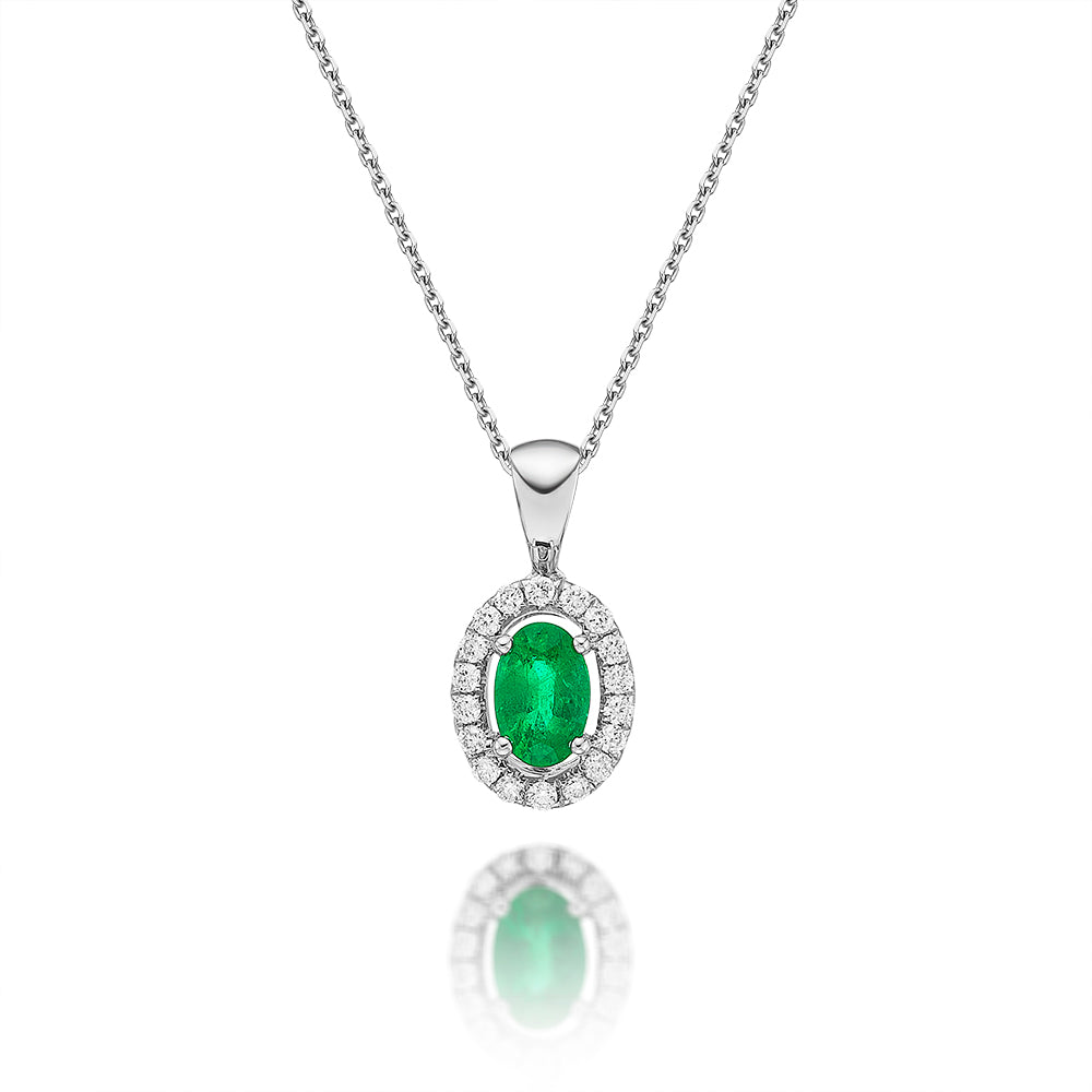 Emerald Pendant Necklace with 0.14ct Diamonds 18K White Gold