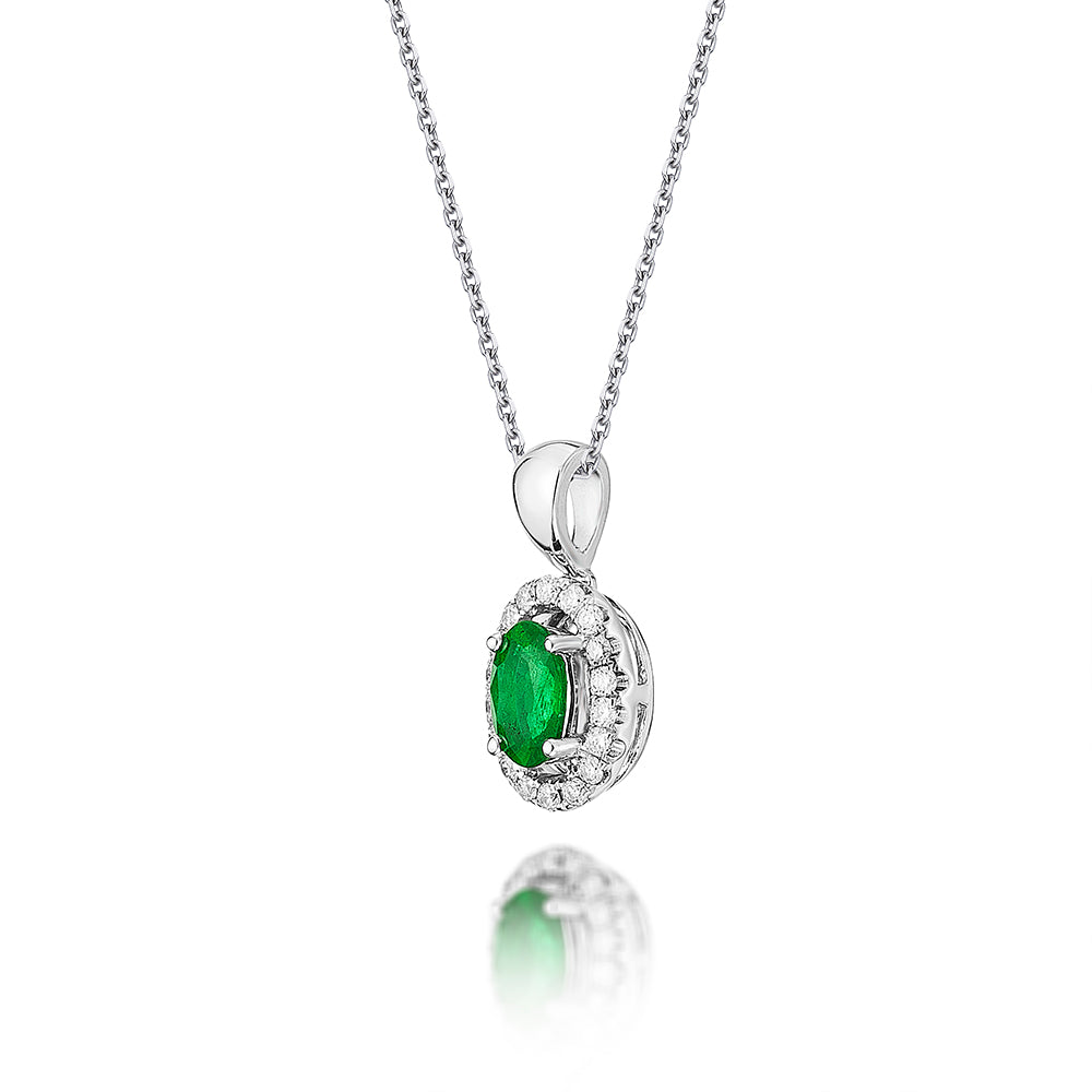Emerald Pendant Necklace with 0.14ct Diamonds 18K White Gold