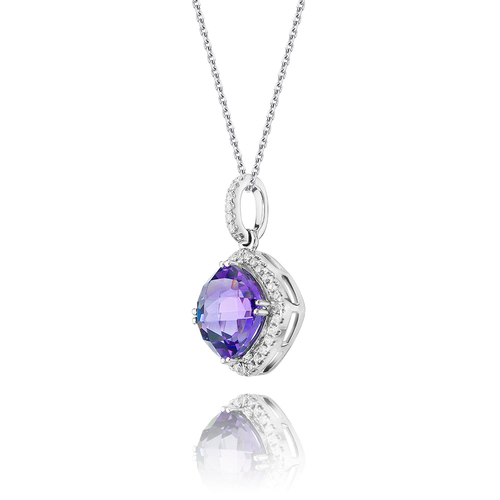 8mm x 8mm Amethyst with 0.14ct Diamond pendant in 9K white gold