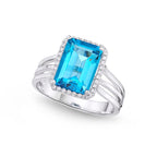 Emerald Cut 3.70ct Blue Topaz & Diamond Ring in 18K White Gold