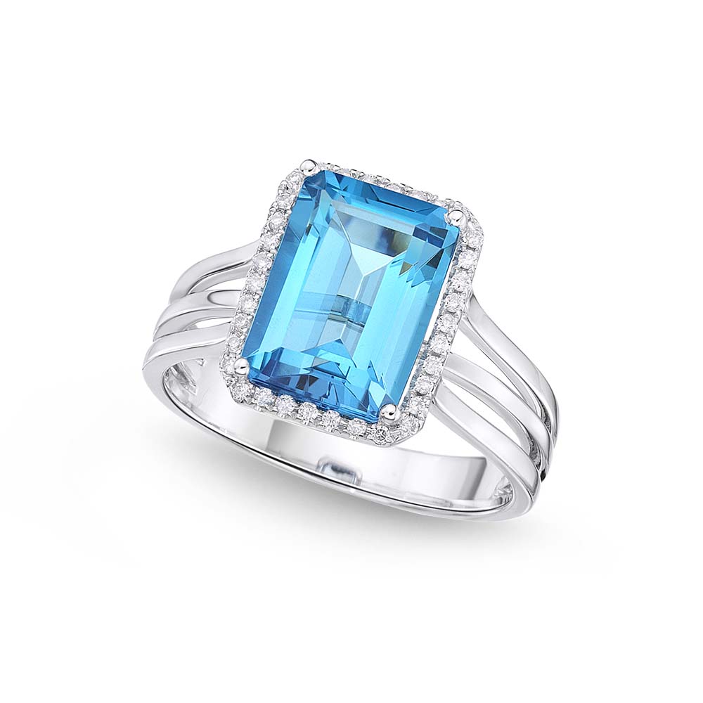 Emerald Cut 3.70ct Blue Topaz & Diamond Ring in 18K White Gold