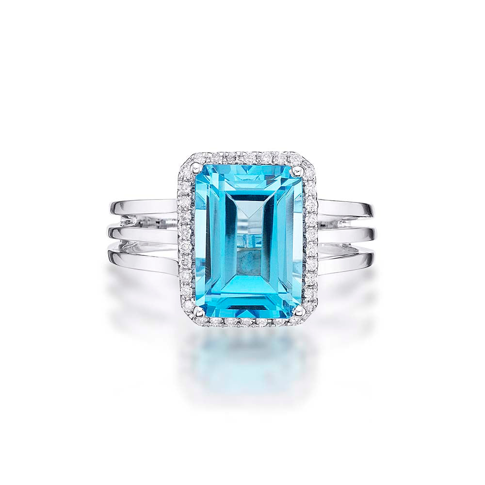 Octagonal 3.70ct Blue Topaz & Diamond Ring in 18K White Gold