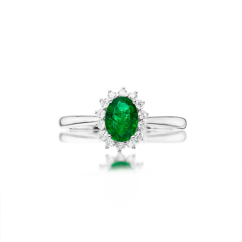 Emerald Ring 5x7mm Oval Emerald & 0.21ct Diamonds in 18K White Gold