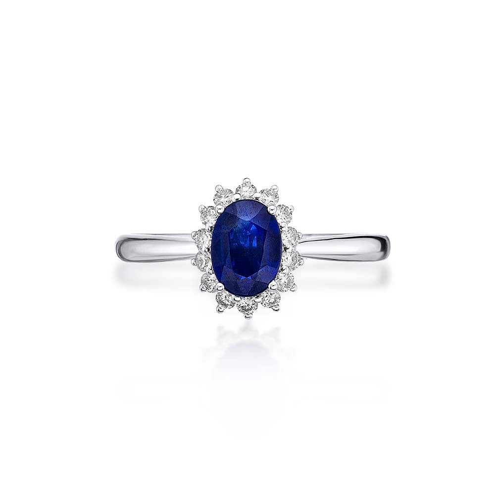 Sapphire Ring 5x7mm Oval Sapphire & 0.21ct Diamonds in 18K White Gold
