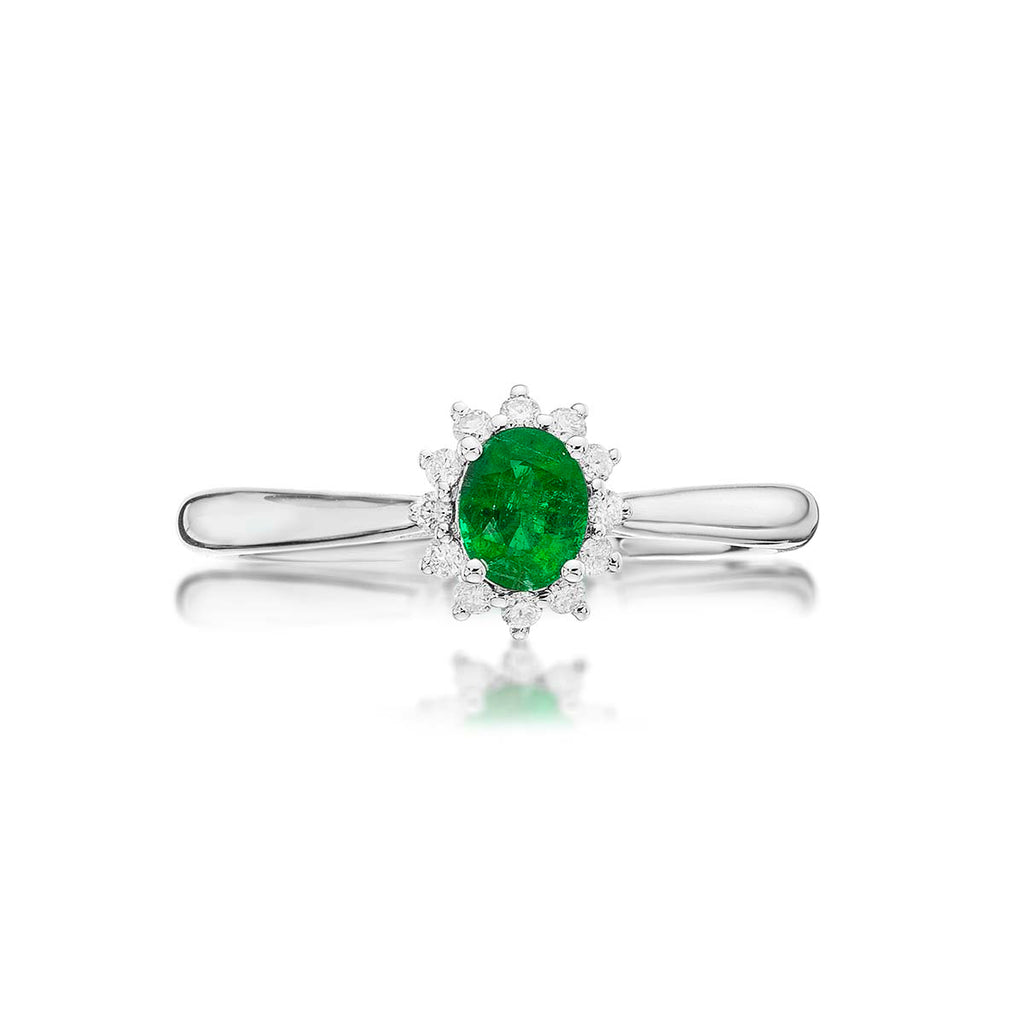 Emerald Ring 4x5mm Oval Emerald & 0.12ct Diamonds in 18K White Gold