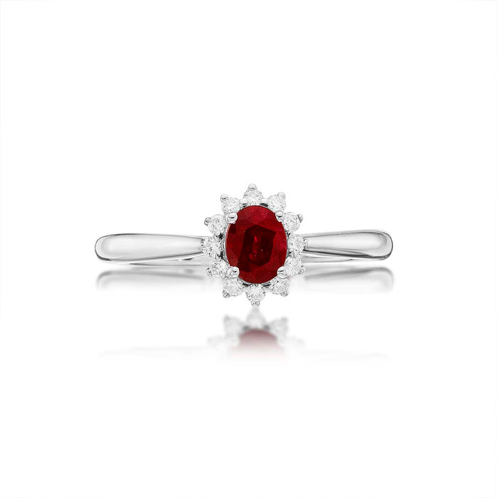 Ruby Ring 4x5mm Oval Ruby & 0.12ct Diamonds in 18K White Gold