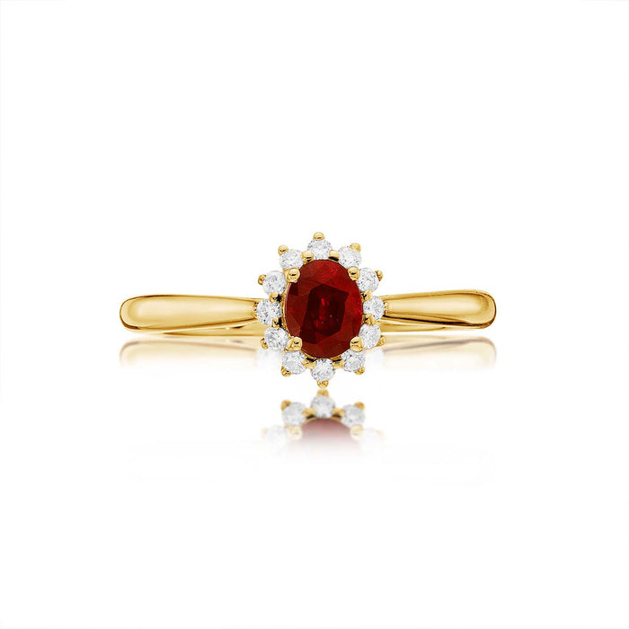Ruby Ring 4x5mm Oval Ruby & 0.12ct Diamonds in 18K Yellow Gold