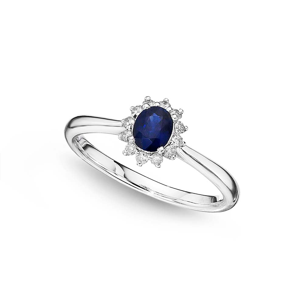 Sapphire Ring 4x5mm Oval Sapphire & 0.12ct Diamonds in 18K White Gold
