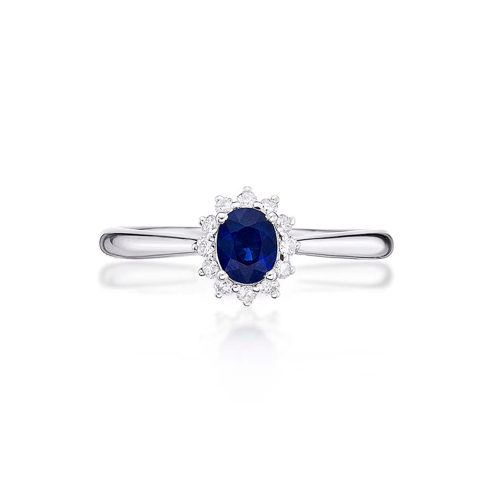 Sapphire Ring 4x5mm Oval Sapphire & 0.12ct Diamonds in 18K White Gold