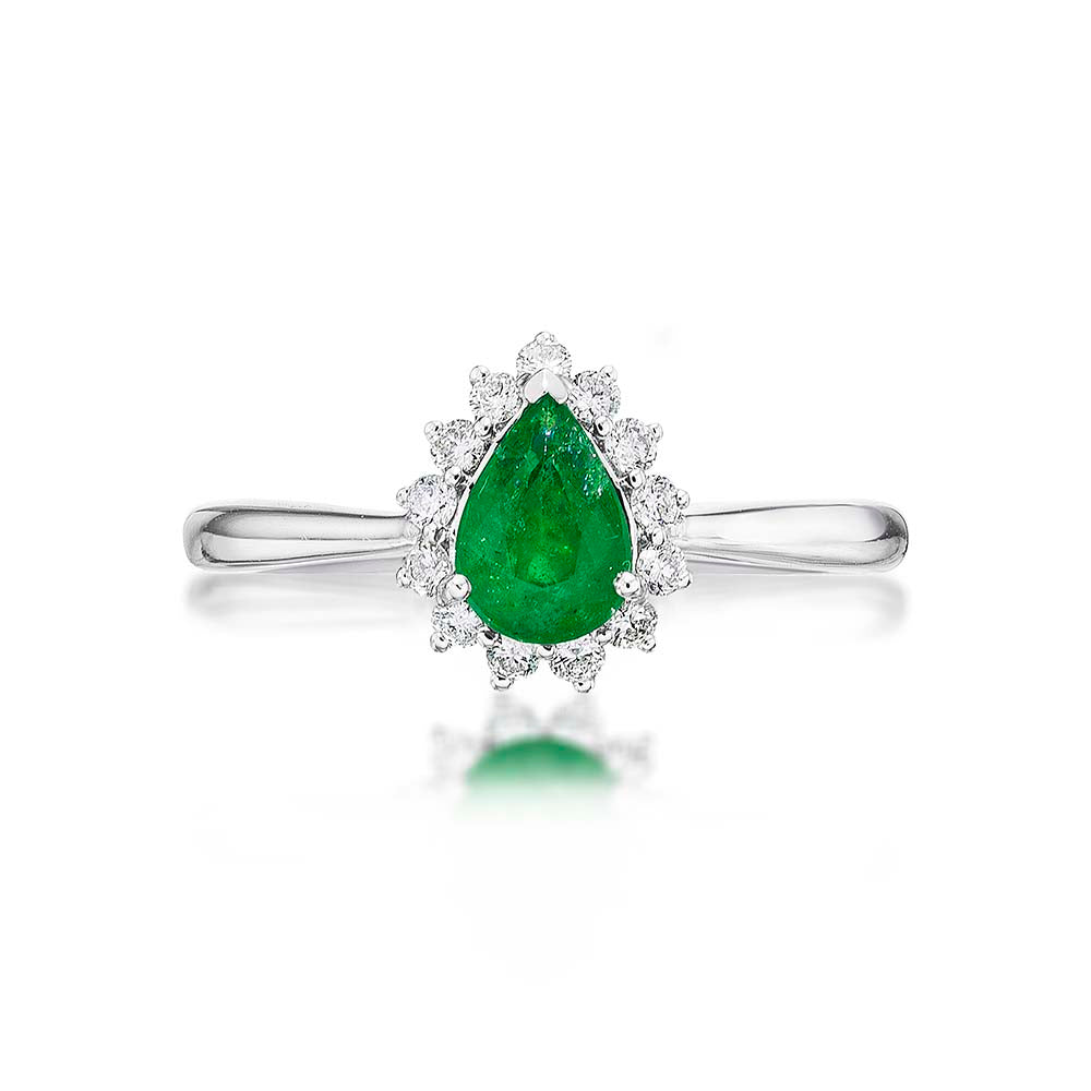 Emerald Ring 5x7mm Pear Emerald & 0.20ct Diamonds in 18K White Gold