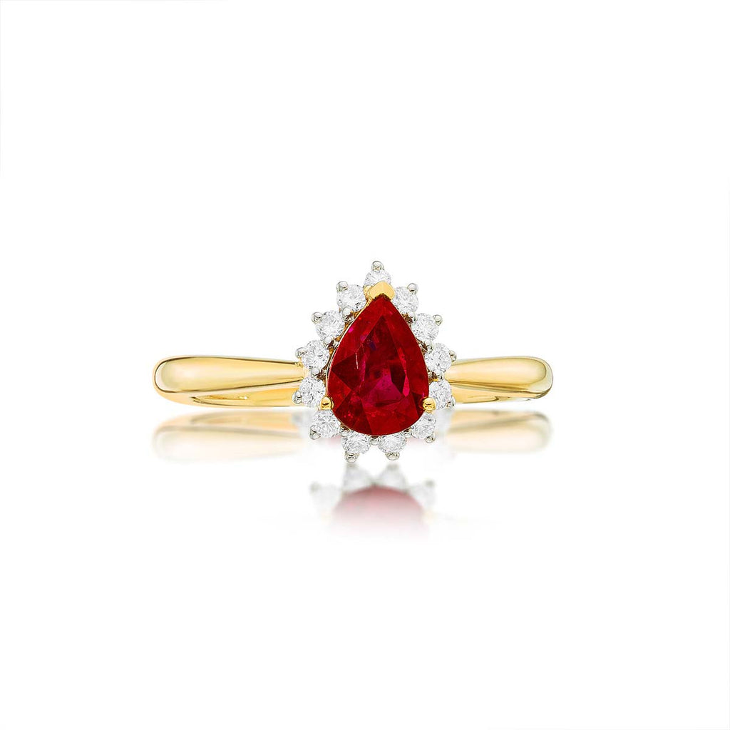 Ruby Ring 5x7mm Pear Ruby & 0.20ct Diamonds in 18K Yellow Gold