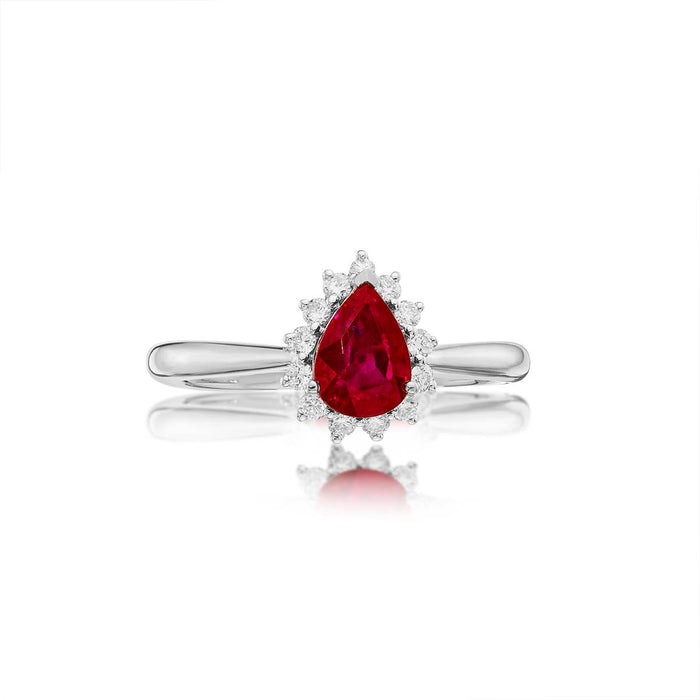 Ruby Ring 5x7mm Pear Ruby & 0.20ct Diamonds in 18K White Gold